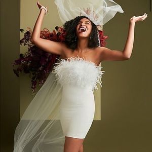 Strapless Crepe Feather Trim Mini Dress